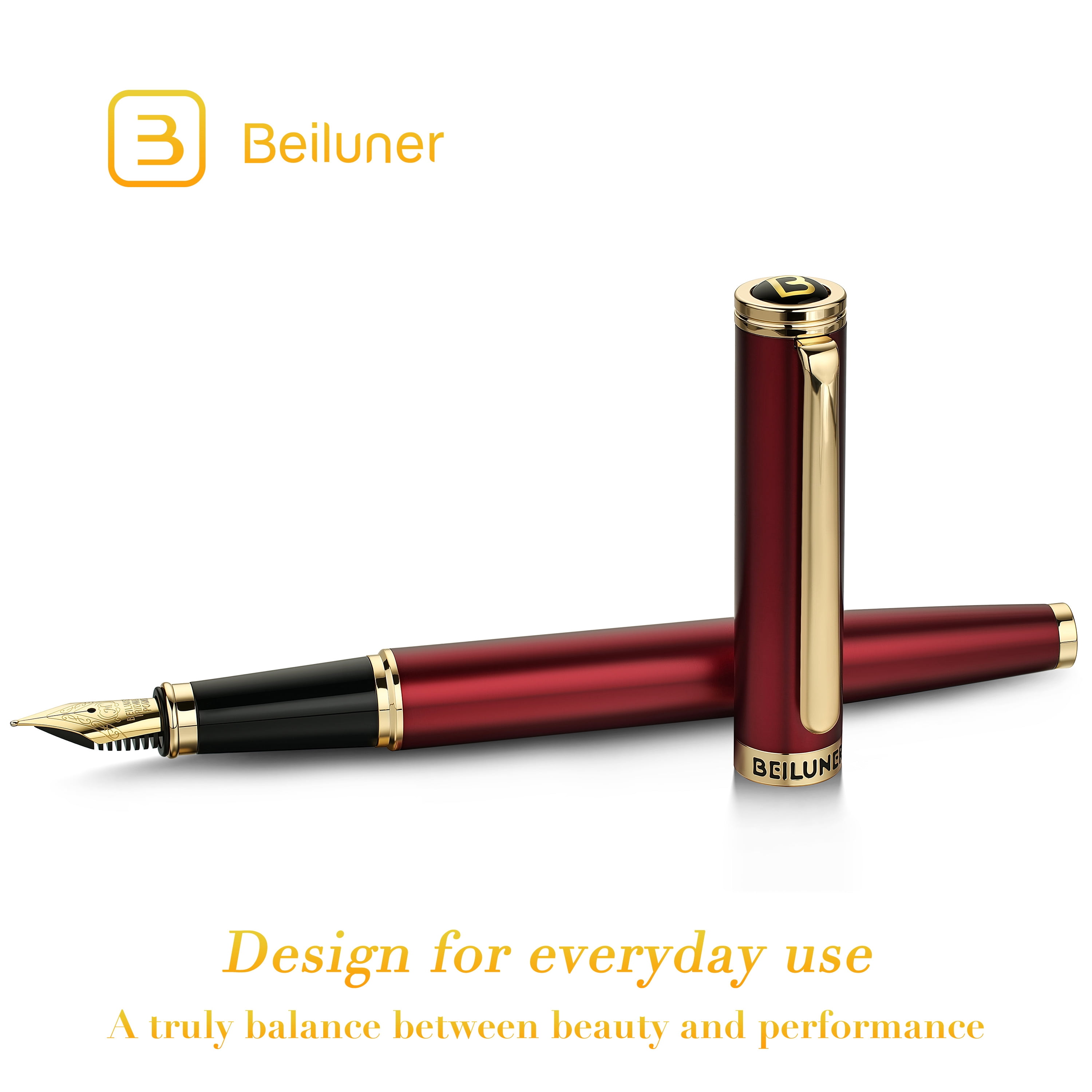 BEILUNER Red Fountain Pen,Stunning Luxury Pen,24K Gilded Nib(Medium),Gorgeous 24K Gold Finish,German Schneider Ink Converter,Trustworthy Pen Gift for Men&Women-Elegant,Executive,Nice Pen for Writing