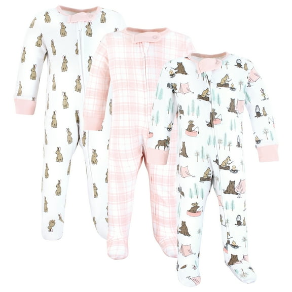 Touched by Nature Unisex Baby Organic Cotton Sleep and Play, Pink Camping Animals, Preemie