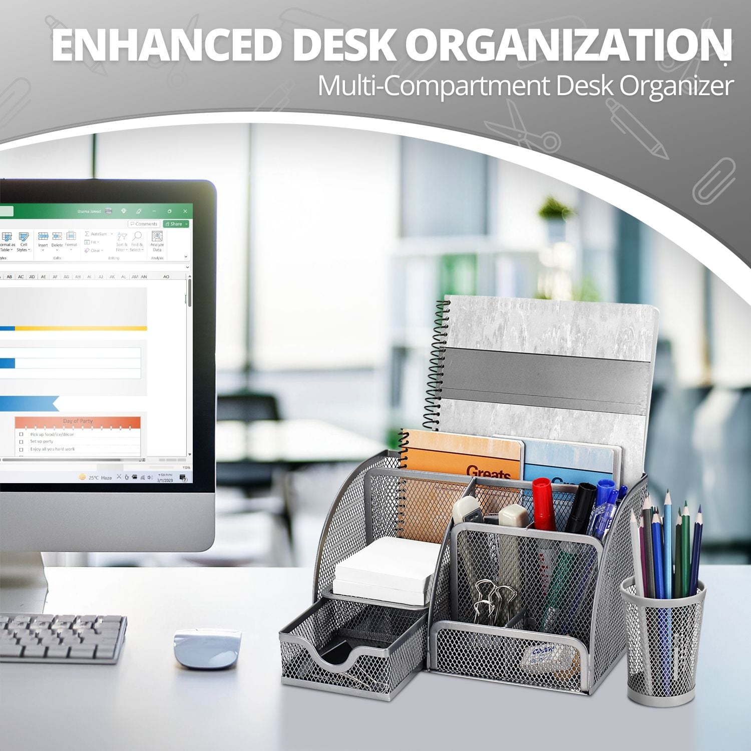 Desk Organizer Office Supplies Accessories with Drawer and 6