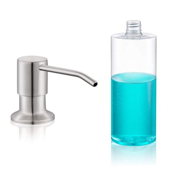 Wowkk Sink Soap Dispenser for Kitchen Sink Countertop, Brushed Nickel Stainless Steel Soap Dispenser Pump Head Refill from the Top Built in Sink Soap Dispensers with 11 Ounce Transparent Soap Bottle