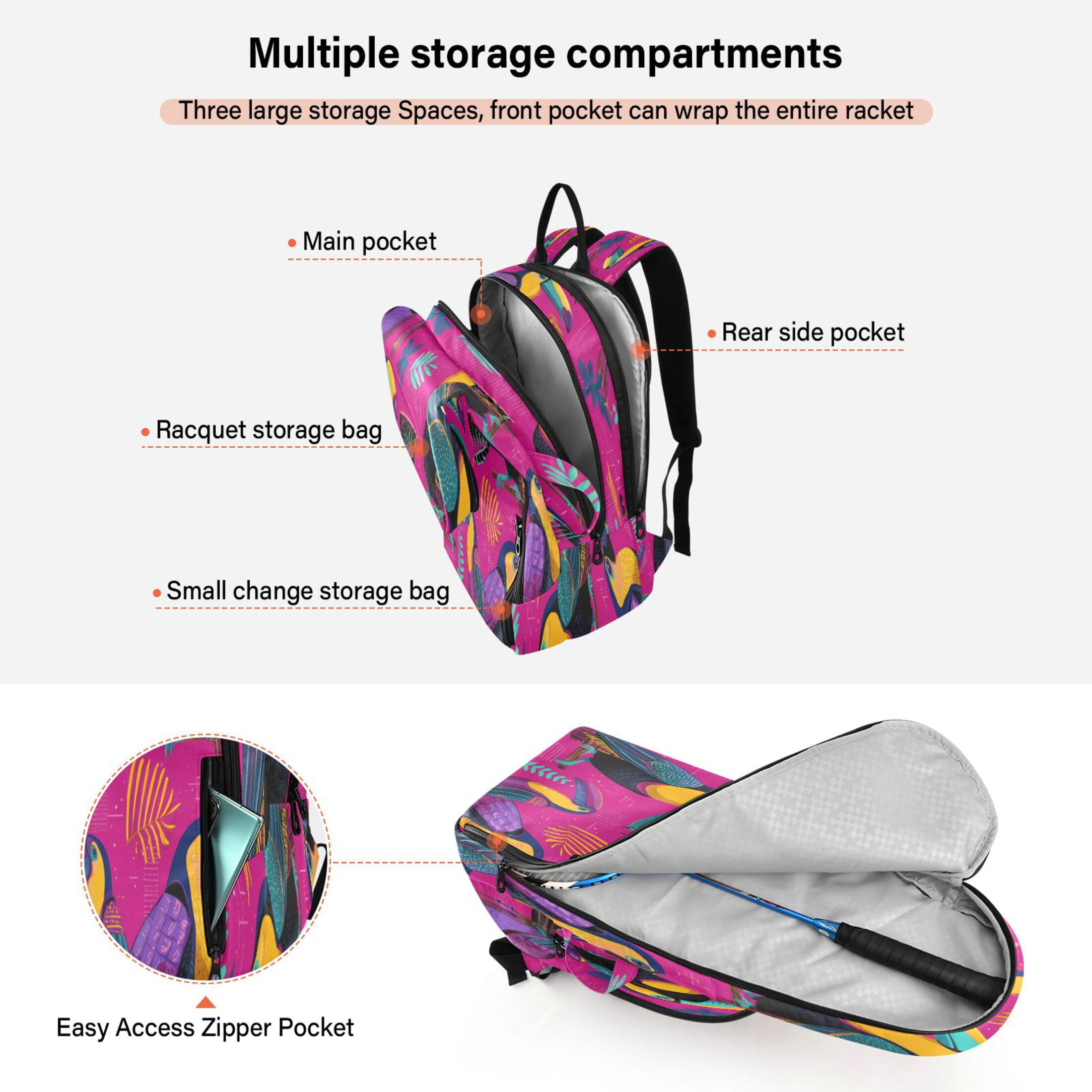 2 Racquet Holder Tennis Backpack Tennis Racket Covers Gym Bags Toucan in The Pink Jungle