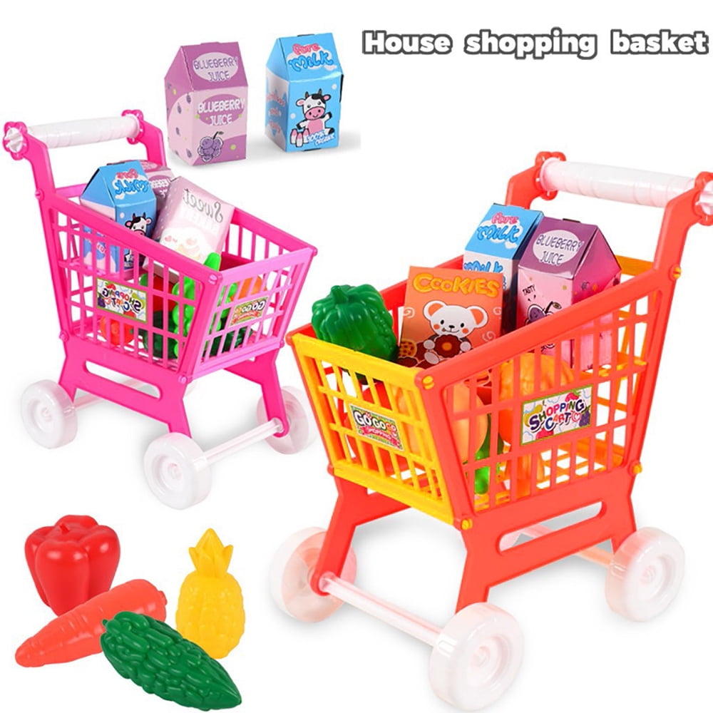 Kids Shopping Trolley Cart Basket Role Play Toy Set Plastic Fruit Food Xmas Gift 