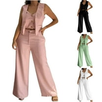 QATAINLAV 2 Piece Blazer Sets for Women Sleeveless Button V Neck Cropped Vest and Wide Leg Pants Work Office Business Casual Outfits, White, XL, Gifts for Mom