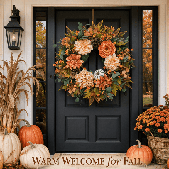24-inch Artificial Fall Floral Wreath for Front Door with Pumpkins, Orange Flowers, Pinecones, Berries and Autumn Leaves