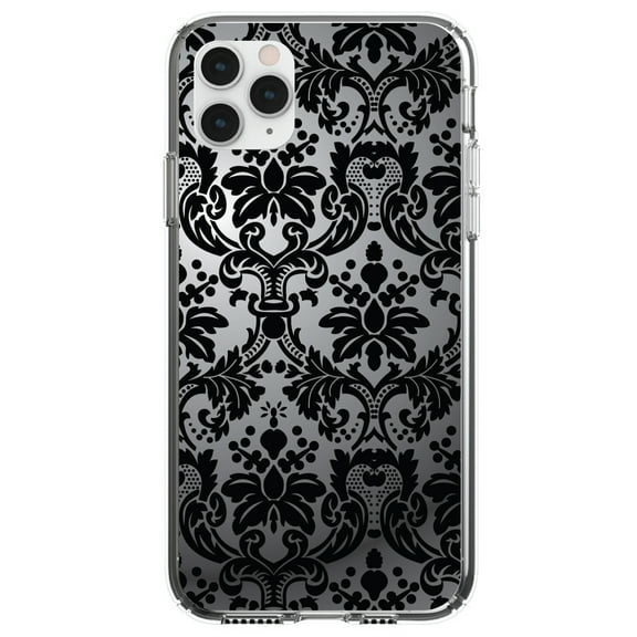 DistinctInk Clear Shockproof Hybrid Case for iPhone 11 (6.1" Screen) - TPU Bumper, Acrylic Back, Tempered Glass Screen Protector - Silver Grey Black Damask - Floral Damask Pattern