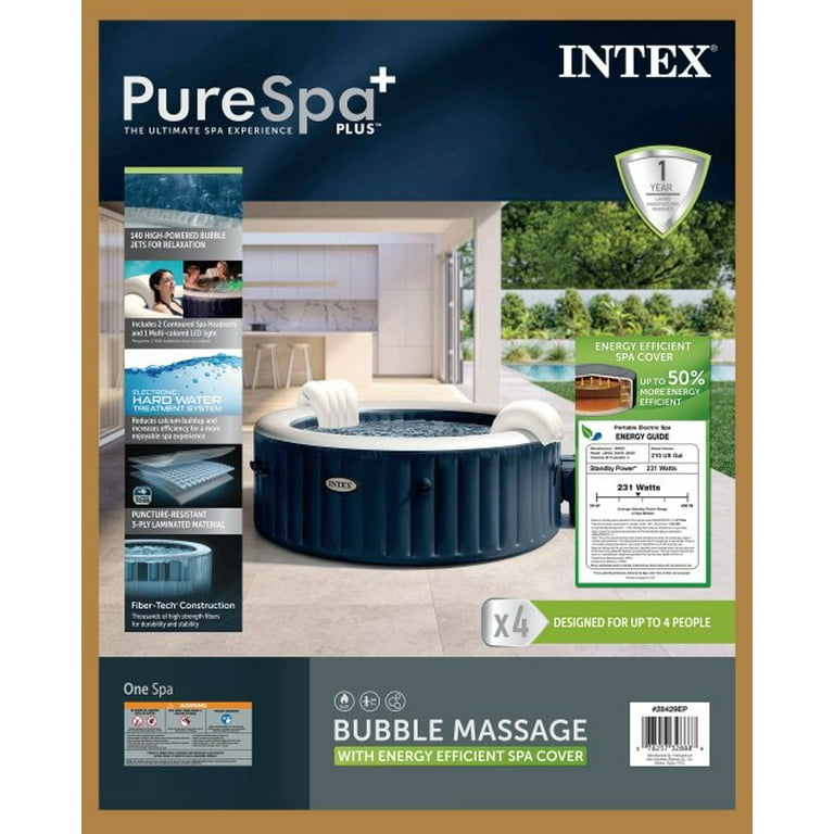 Intex 28429EP PureSpa Plus Portable Inflatable 4-Person Hot Tub Bubble Jet Spa, 77 in. x 28 in.