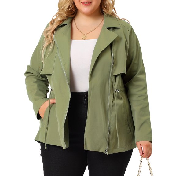 Unique Bargains Juniors' Plus Size Lapel Zipper Drawstring Waist Moto Jacket 1X Green