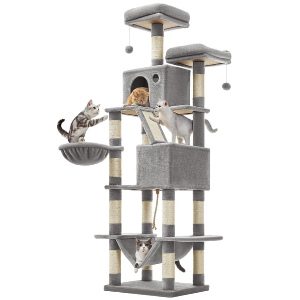 Árbol para Gatos de 206 cm de Altura, Torre de Gatos con 13 Poste, 2 Cuevas, 2 Plataformas, Cesta, Pompón, Hamaca, Gris Claro