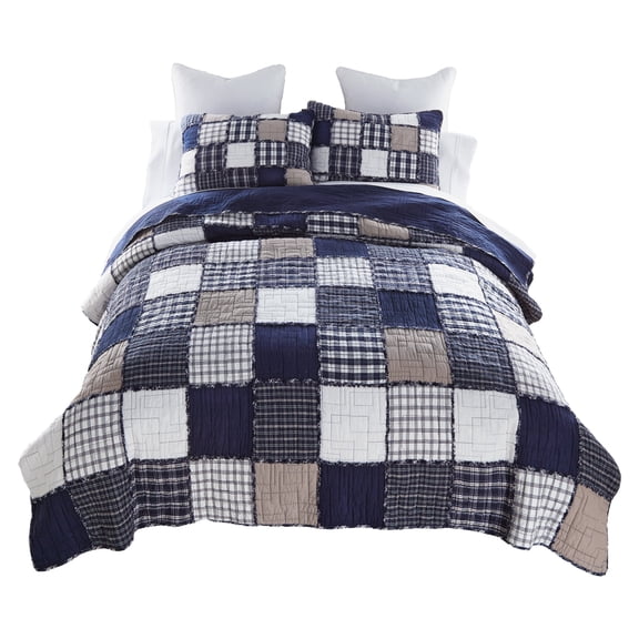 Donna Sharp Checkerboard Indigo Queen Pieced Cotton 3PC Quilt Set