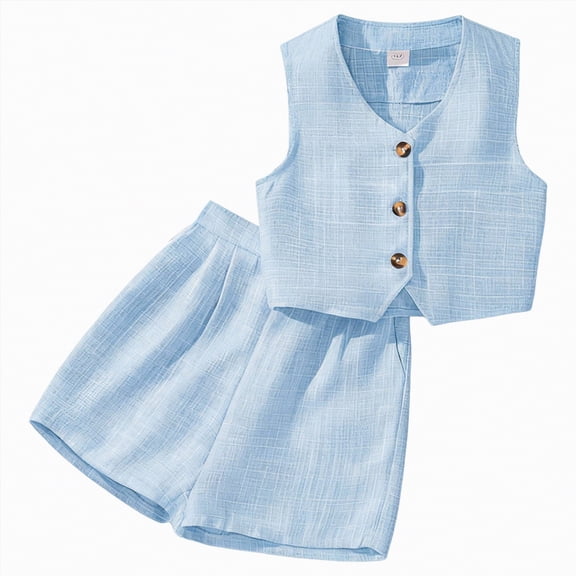 UngA Girls Button Down V Neck Sleeveless Tank Top and Shorts Set Cute Two Piece Summer Outfits for Kids 8-9 Years,Sky Blue