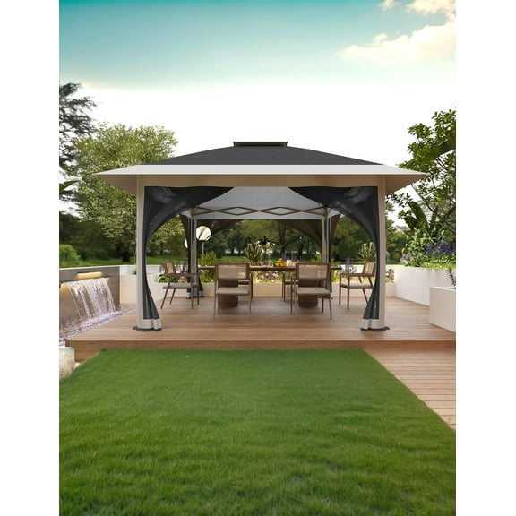 Kojooin 12' x 12' Heavy Duty Double Roof Outdoor Gazebo with Netting & Curtains, UV-Resistant Patio Canopy for Deck, Backyard, Garden, Lawn