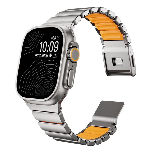 MaKTech Bracelet en Titane pour Apple Watch - Bracelet en Métal Enduit DLC avec Doublure en Silicone, Bracelet à Fermoir Magnétique pour iWatch Series 11/10/9/8/7, Ultra 3/2, SE 3/2 [2025] (46mm/45/44/49mm, Titane/orange)