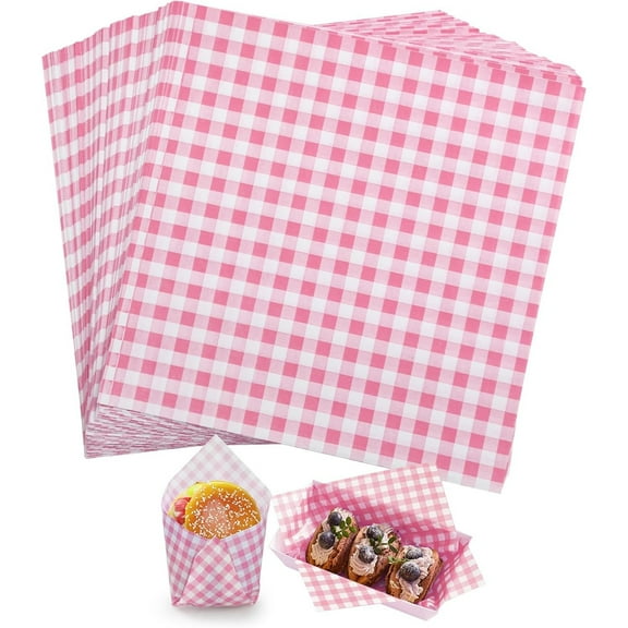Wax Paper Sheets 100 Pcs 12 × 12 Inch Checkered Pink Deli Wrap for Sandwiches Burgers