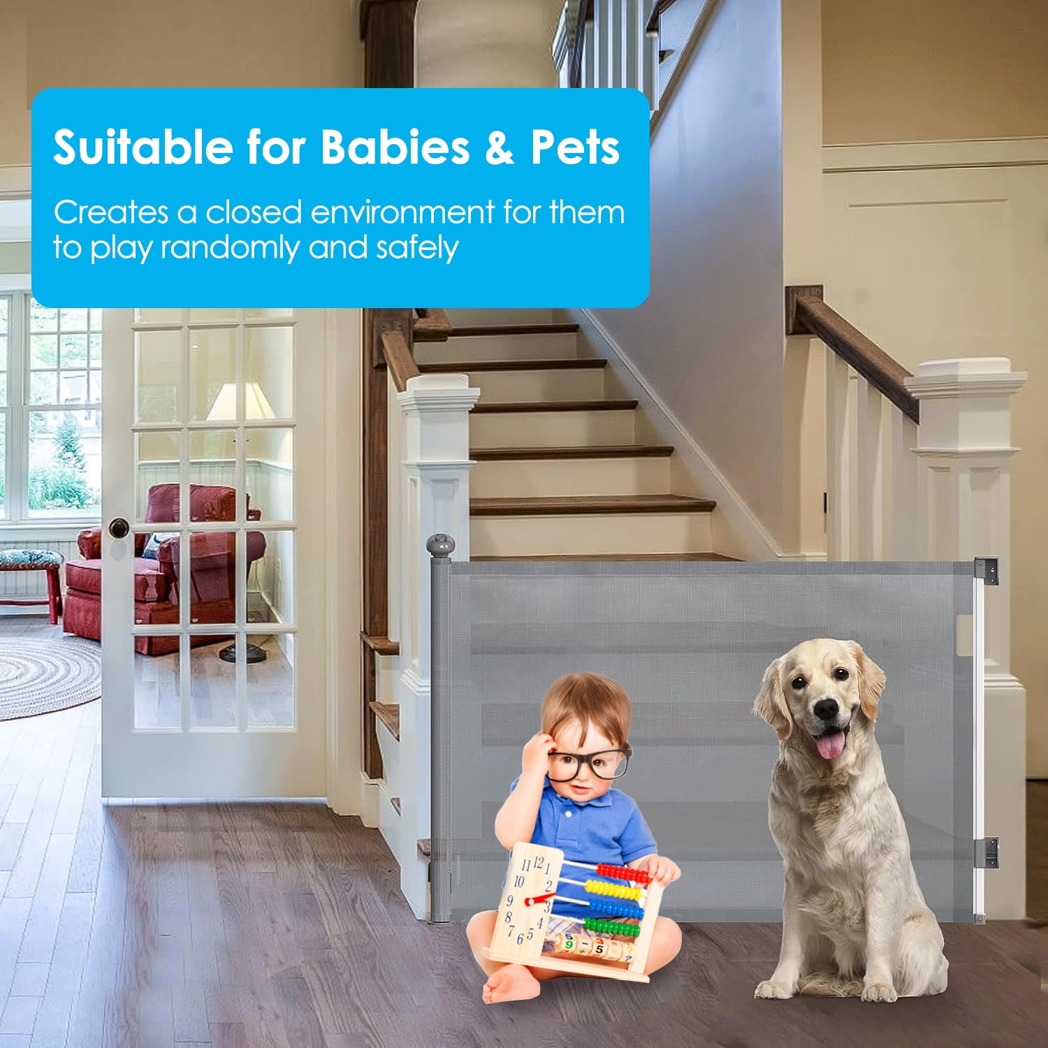 iMounTEK 58in Magic Baby Gate Gates for The House, Retractable Extra Wide Dog Gates for Doorways, Stairs, No Drill