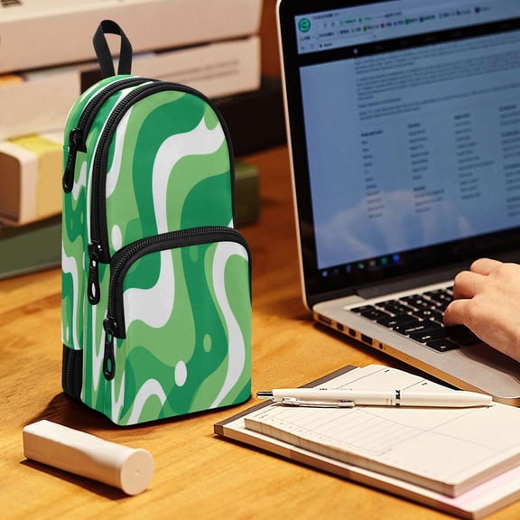 Backpack Pencil Case, 3 Compartment Large Capacity Oxford Fabric Pencil Pouch / Light Green Flowing Lines