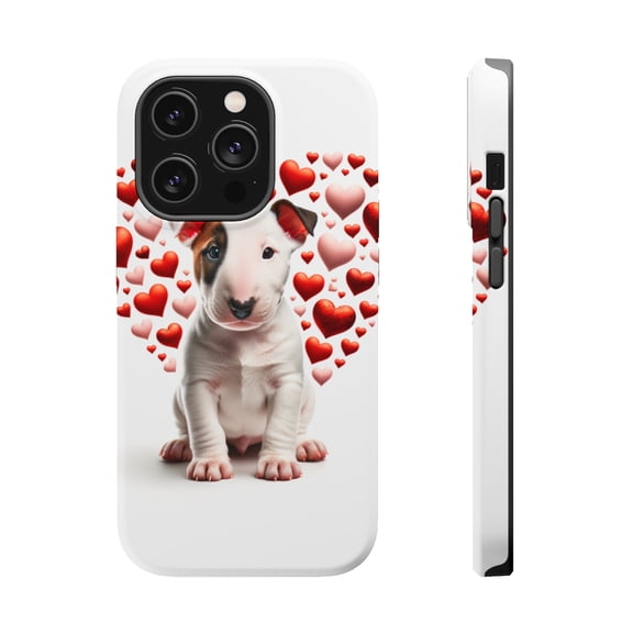 DistinctInk Tough Case for Apple iPhone 15 PRO (6.1" Screen), Compatible with MagSafe Charging - Valentine's Day Miniature Bull Terrier Puppy