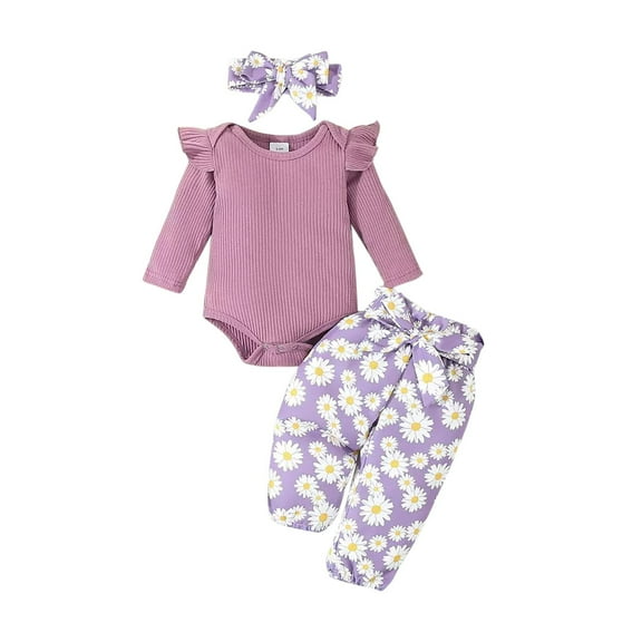 Odeerbi Baby Boys Girls Outfits Daisy Jumpsuit Cotton Romper with Pants Set Baby Long Sleeve Bodysuit Bow Pants Headscarf Three Piece Set Baby Clothes Purple