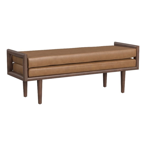 HomePop Mid-Century Faux Leather Upholstered Bench, 48"W x 16"D x 18"H, Carmel/Walnut