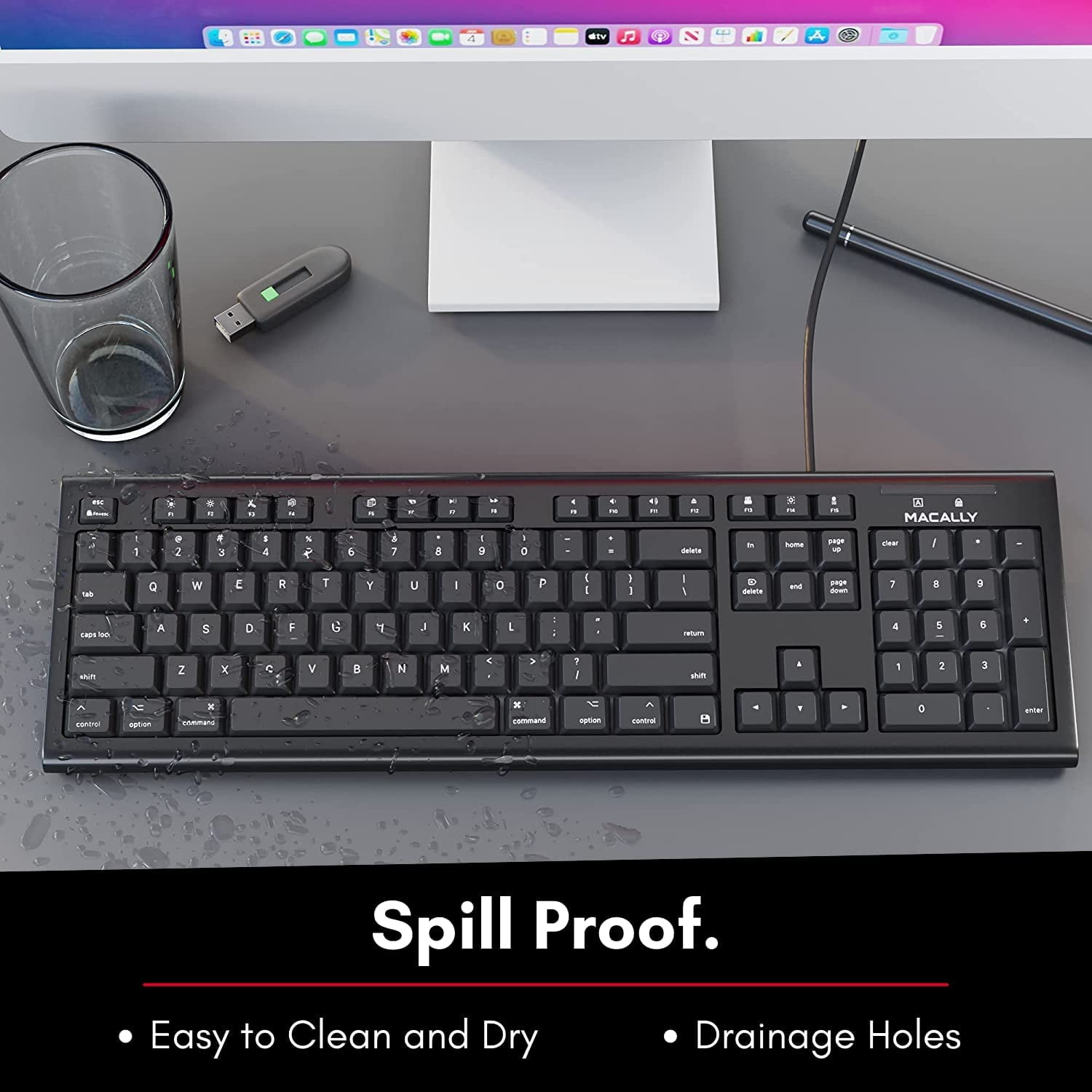 Macally Full-Size USB Wired Keyboard for Mac Mini/Pro, iMac Desktop Computer, MacBook Pro/Air Desktop w/ 16 Compatible Apple Shortcuts, Extended with Number Keypad, Rubber Domed Keycaps - Spill Proof