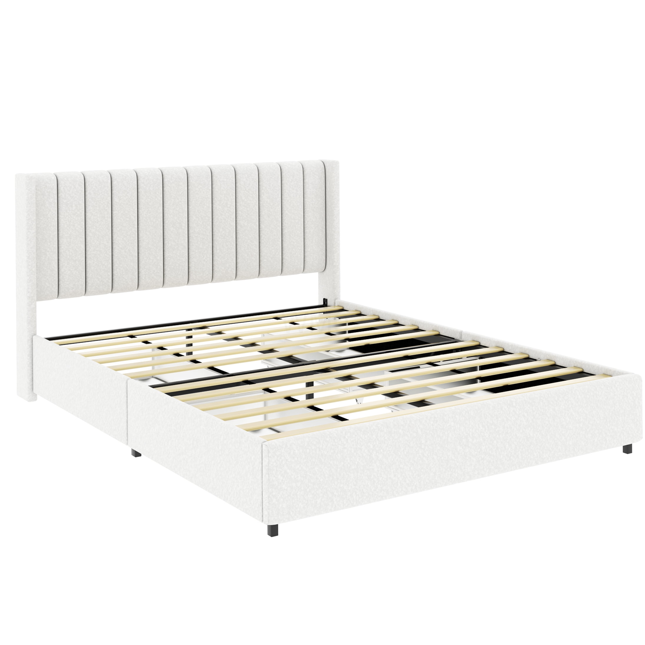 Ivory Queen Upholstered Storage Bed Frame with Wingback Headboard, 4 Large Drawers, Wood Slat Support, No Box Spring Needed