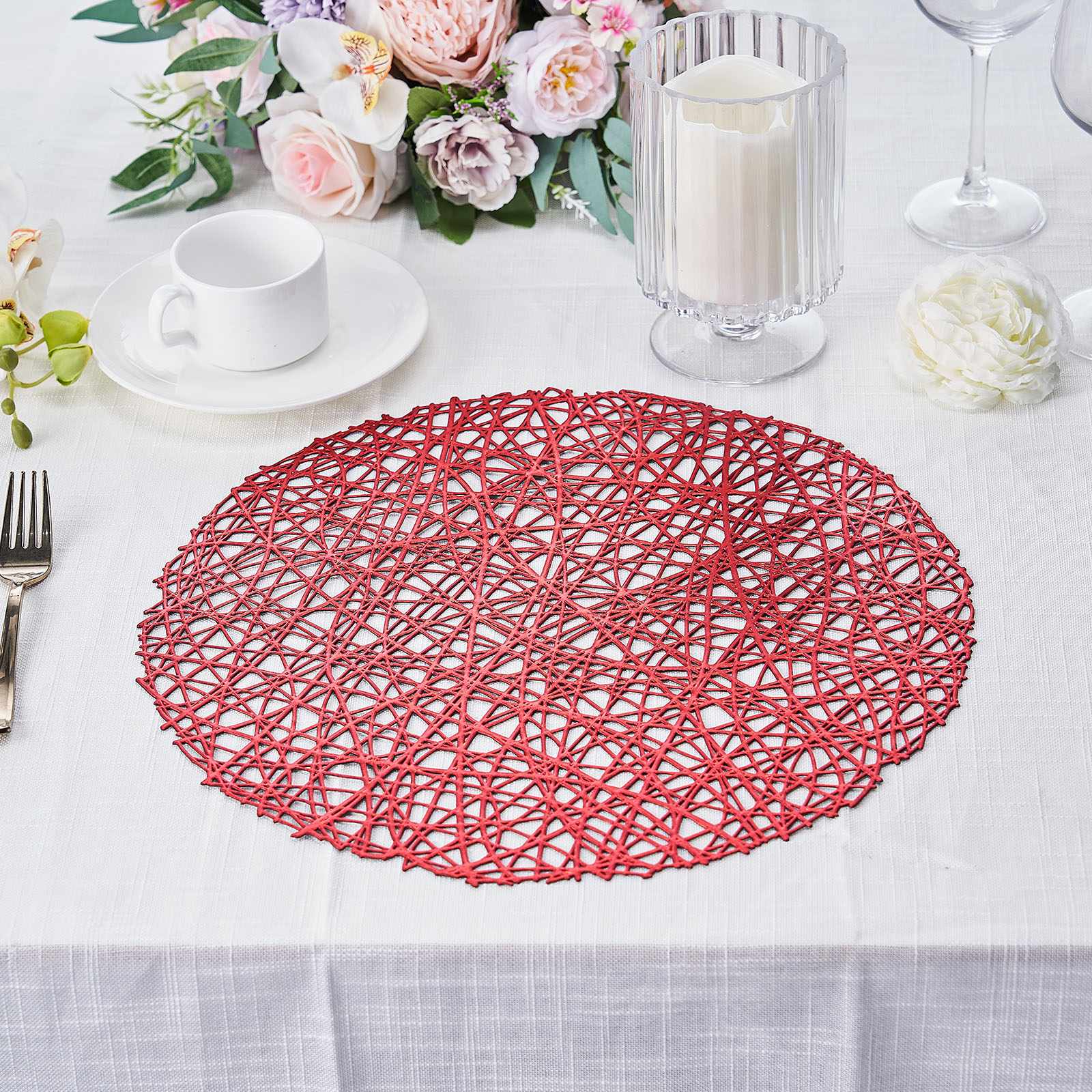 6 Pack Red Round Woven Vinyl Placemats Non Slip Dining Table Placemats