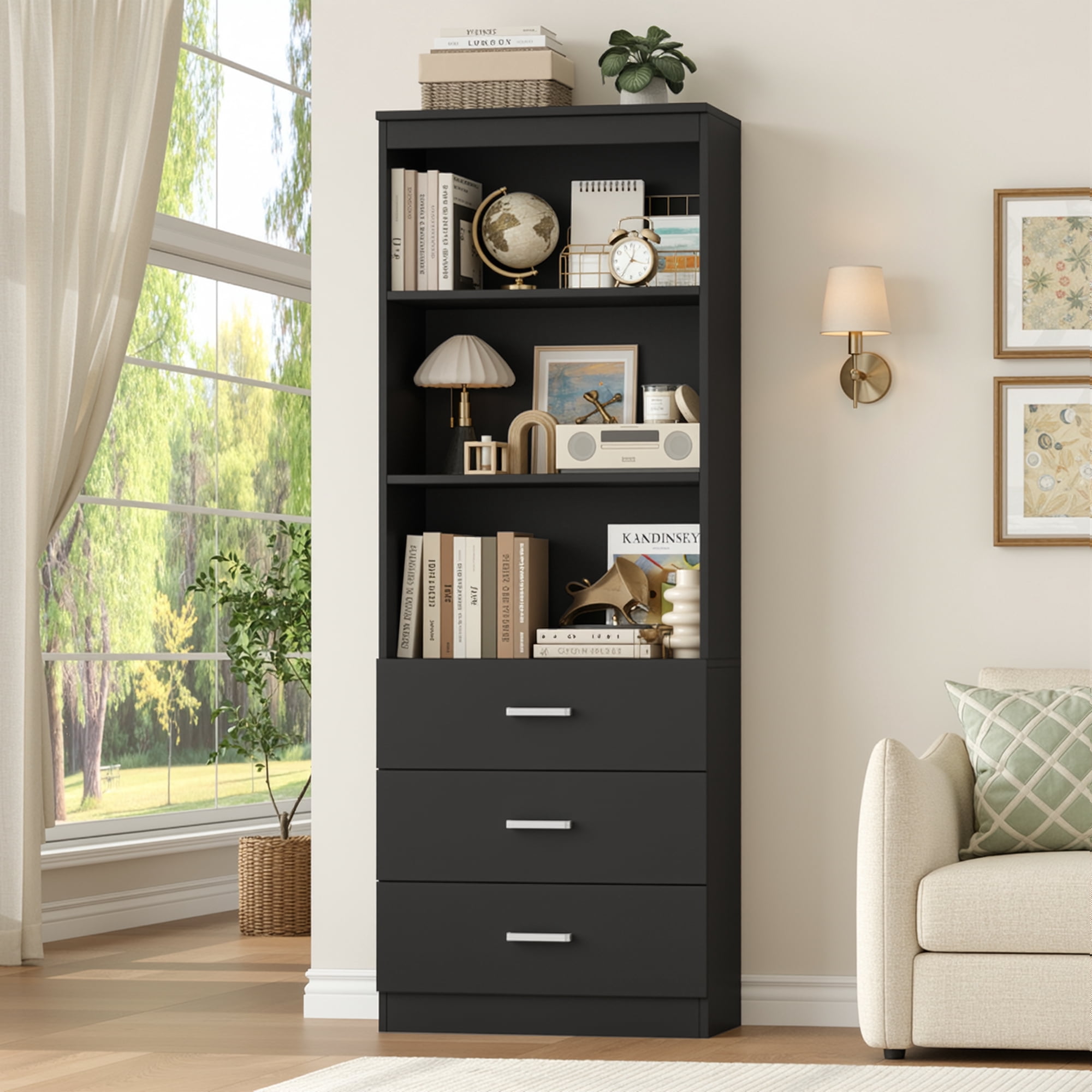 Homfa 71" Tall Bookcases with 3 Large Drawers & 3 Shelves, Wooden Bookshelf for Living Room Office, Black