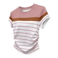 thumbnail image 2 of Uootdi Womens Color Block Striped Tops Round Neck Short Sleeve Ruched Side Design Everyday Chic Style Lightweight Comfortable Tees Gift, 2 of 5