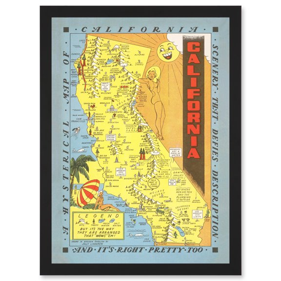 Hysterical Map Lindgren 1948 California Pictorial Artwork Framed Wall Art Print A4