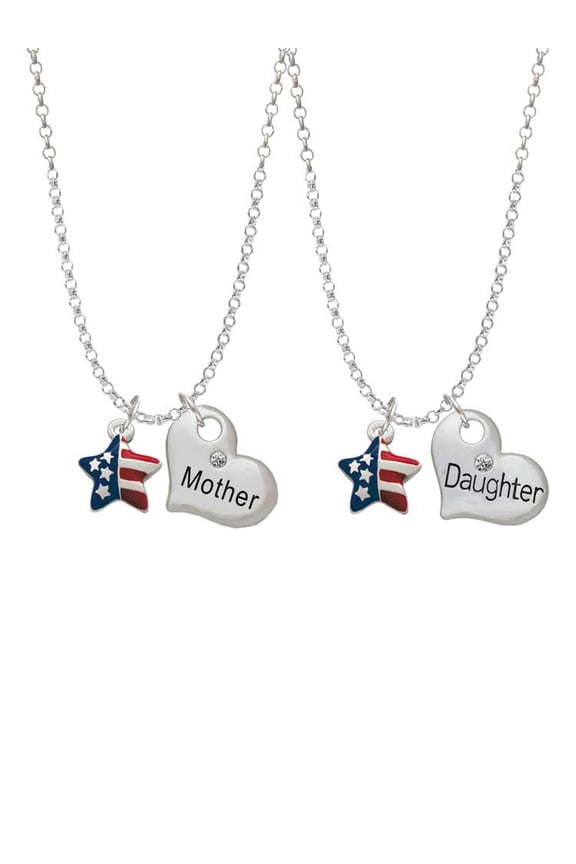 Silvertone Mini USA Patriotic Star Mother & Daughter Heart Necklaces (Set of 2), 19"+2"