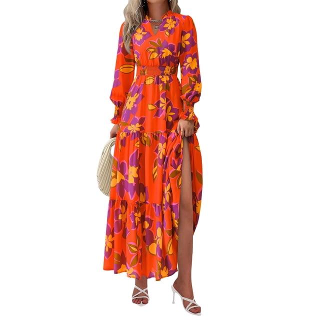 Vestido PRETTYGARDEN Maxi Floral de Manga Larga con Escote en V Talla Grande