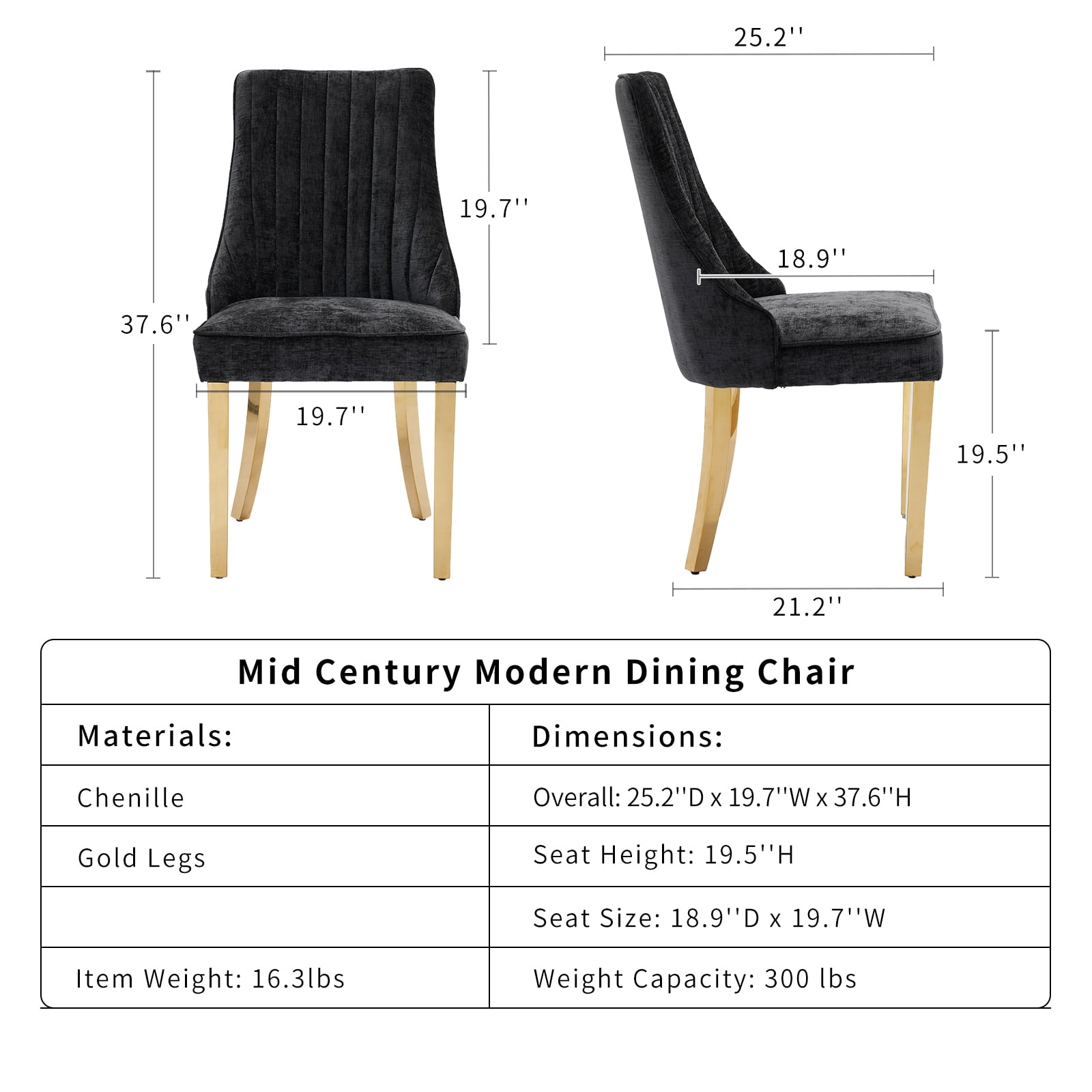 Black Mid Century Dining Chairs Set of 8, Modern Kitchen & Dining Room Chairs Set of 8, Chenille Fabric Upholstered Kitchen Chairs for Dining Table, Sillas de Comedor, Gold Legs (Black, 8 Pcs)