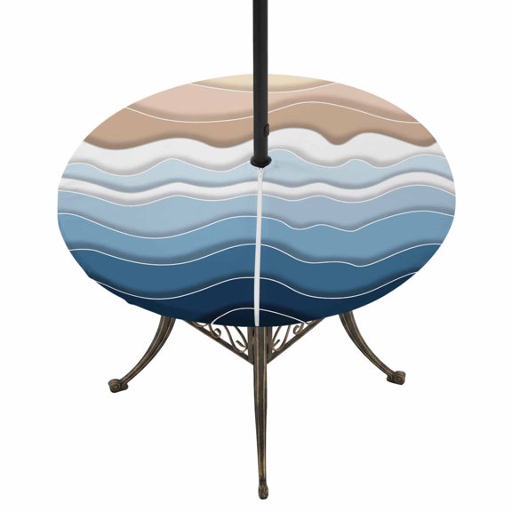 Round Outdoor Tablecloth with Umbrella Hole and Zipper, Navy Blue Ombre Stripe Tablecloth with Elastic Waterproof, Abstract Summer Beach Coastal Patio Table Covers for 45" - 54" Picnic Pool Tables