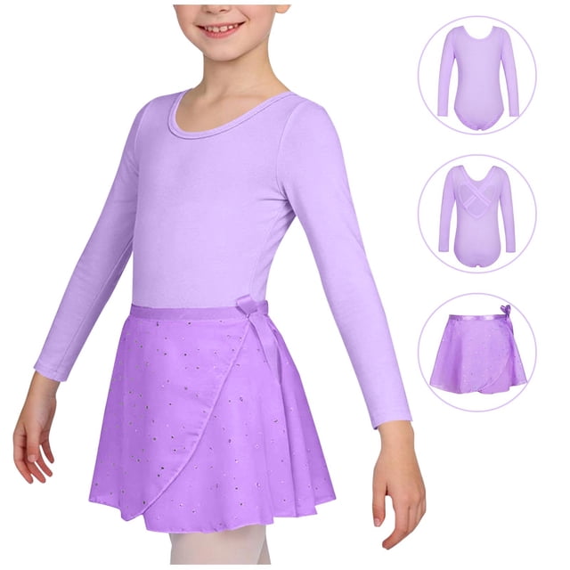 Conjuntos de blusas y camisas de cuello redondo y manga larga Ropa de baile para niñas Vestido de práctica de red con lentejuelas de manga larga con espalda en forma de corazón Conjunto de dos piezas