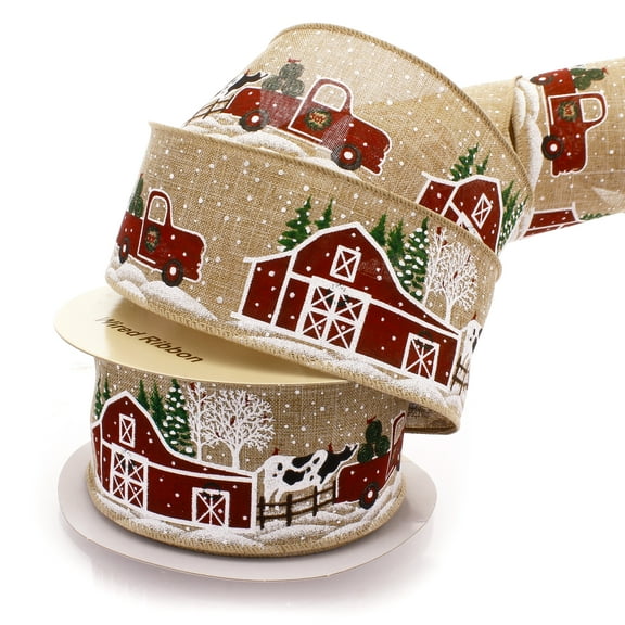 2 1/2" Wired Ribbon Christmas Red Barn Burlap - 25 Yards