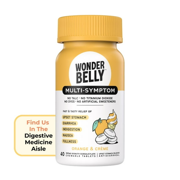Wonderbelly Multi-Symptom Relief Chewable Tablets, Orange & Creme Flavor, 262 mg, 40 Count