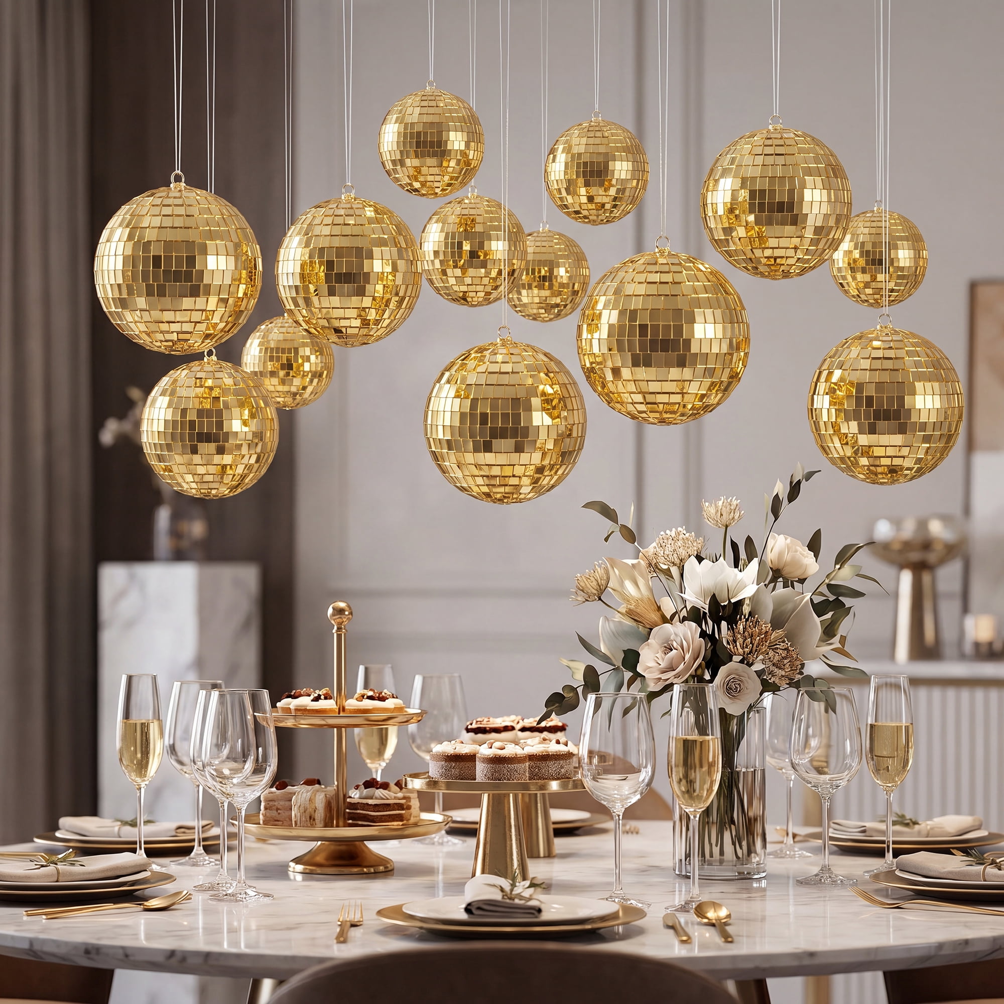 Unique Bargains 10Pcs Mirror Disco Balls for Hanging Sphere Orbs Gold 2"x2"x2"