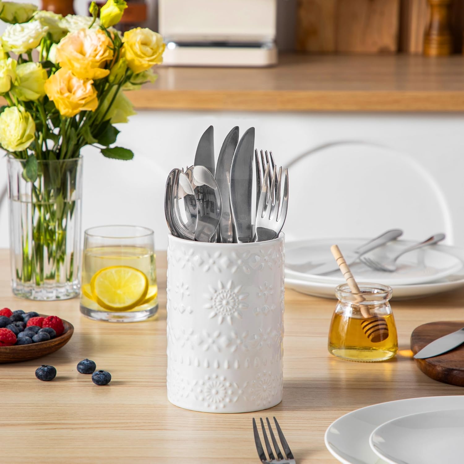 KitchenKey Utensil Holder, 7.2"+5.4" Ceramic Utensil Holder for Countertop, Large Cooking Utensil Crocks for Kitchen Counter, Farmhouse Utensil Vase for Housewarming, Kitchen Decor, Set of 2, Snow