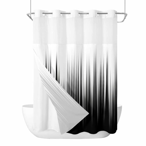 No Hook Shower Curtains with Snap-in Liner Set, Black White Waterproof Hotel Style Bathroom Shower Curtain, Modern Geometric Abstract Gradient Striped Breathable Mesh Top Bath Curtains 60''x72''