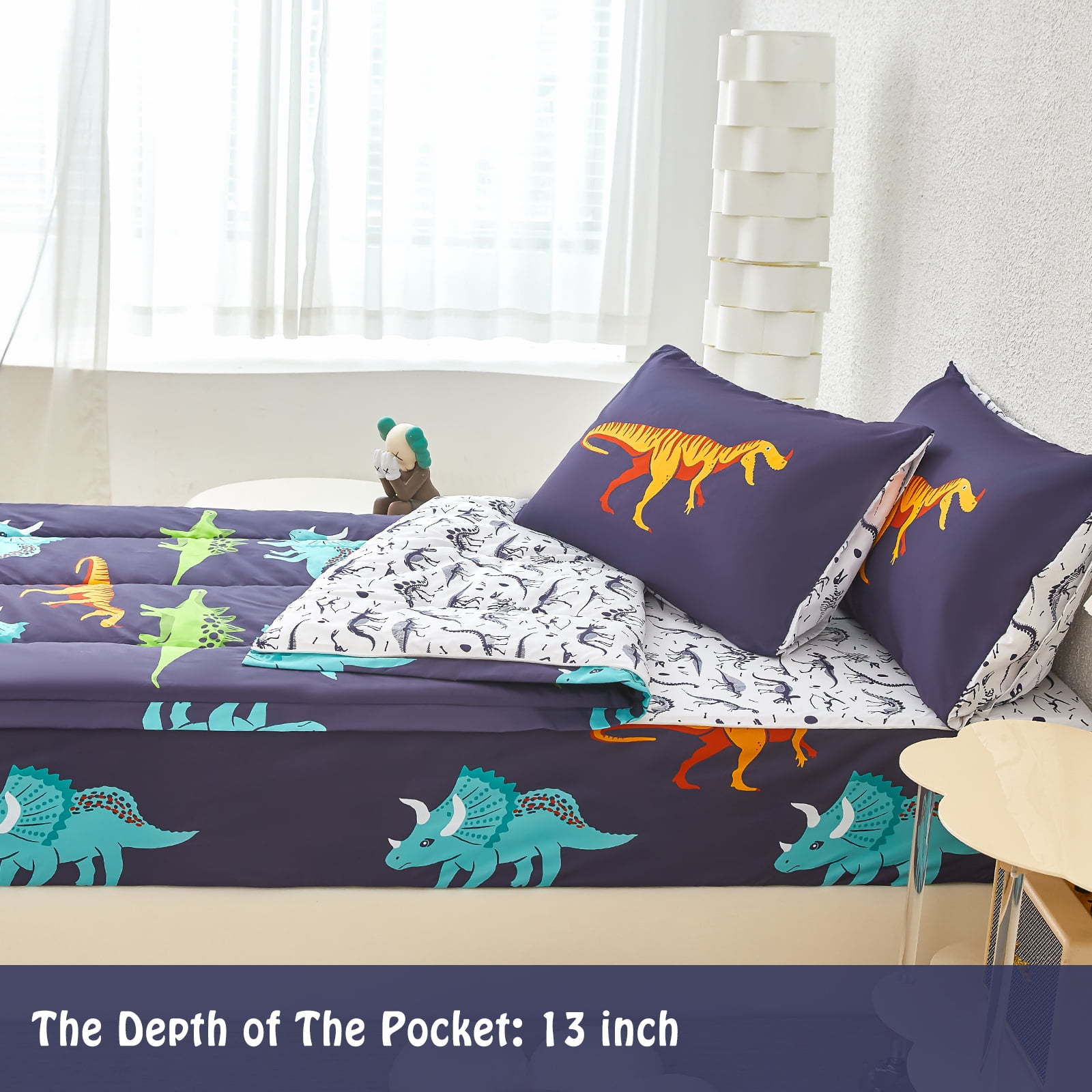 ZRNBAST 3 Pieces Dinosaur Zipper Comforter Sets, Twin Size Bedding Set for Kids Boys, Soft Cartoon Dinosaurs Print Zip Up Bed Set with Fitted Sheet and Pillowcases(Dark Blue,Twin)