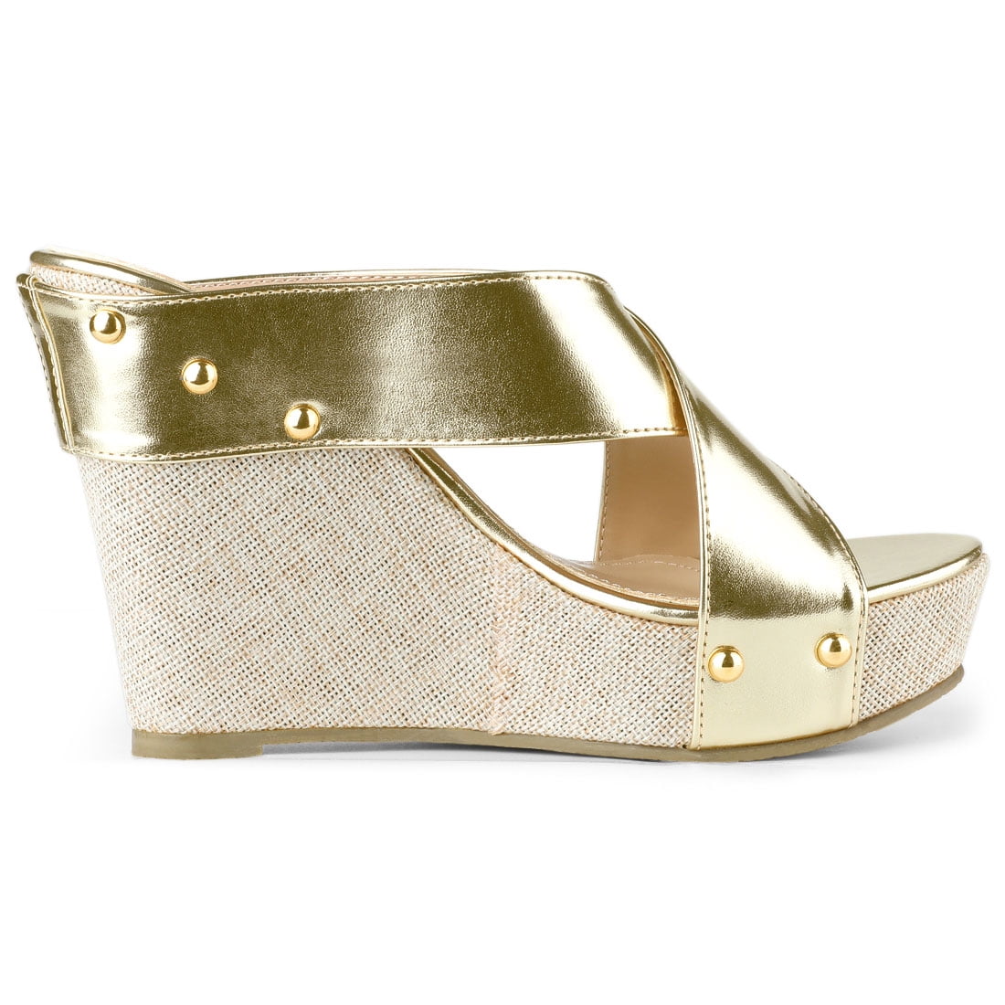 DARING DIVA Women's Stylish Open Toe Linen Platform Slide Wedge Sandals Gold 10