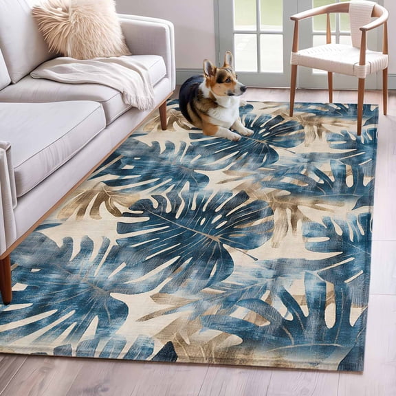 Blue Brown Palm Leaf Area Rug 4x6 Washable Rug Non Slip Vintage Summer Botanical Large Area Rug Indoor Floor Carpet for Entryway Bedroom Kitchen Living Room Home Office Dining Room Nursery