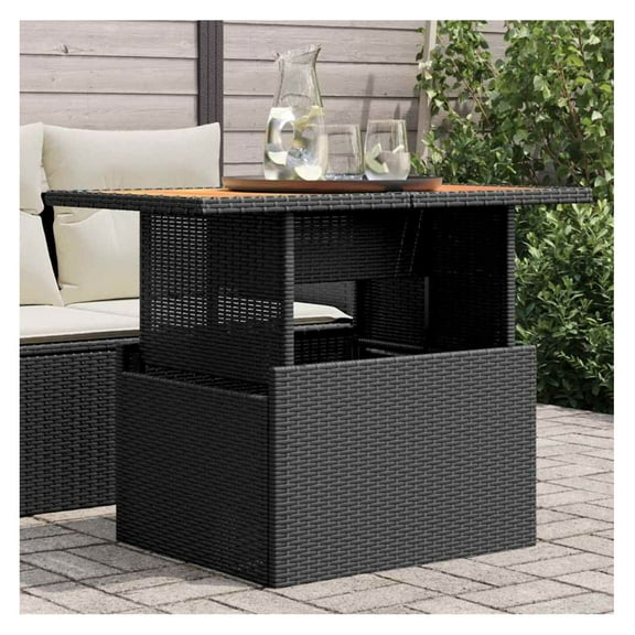 Garden Table Black PE rattan, powder-coated steel, solid wood