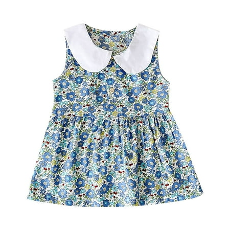 

KTMKH Girls Boho Dresses Girls Sleeveless Pure White Collar Floral Pattern Button Decoration Casual Summer Baby Light Casual Sundress 2-3 Years