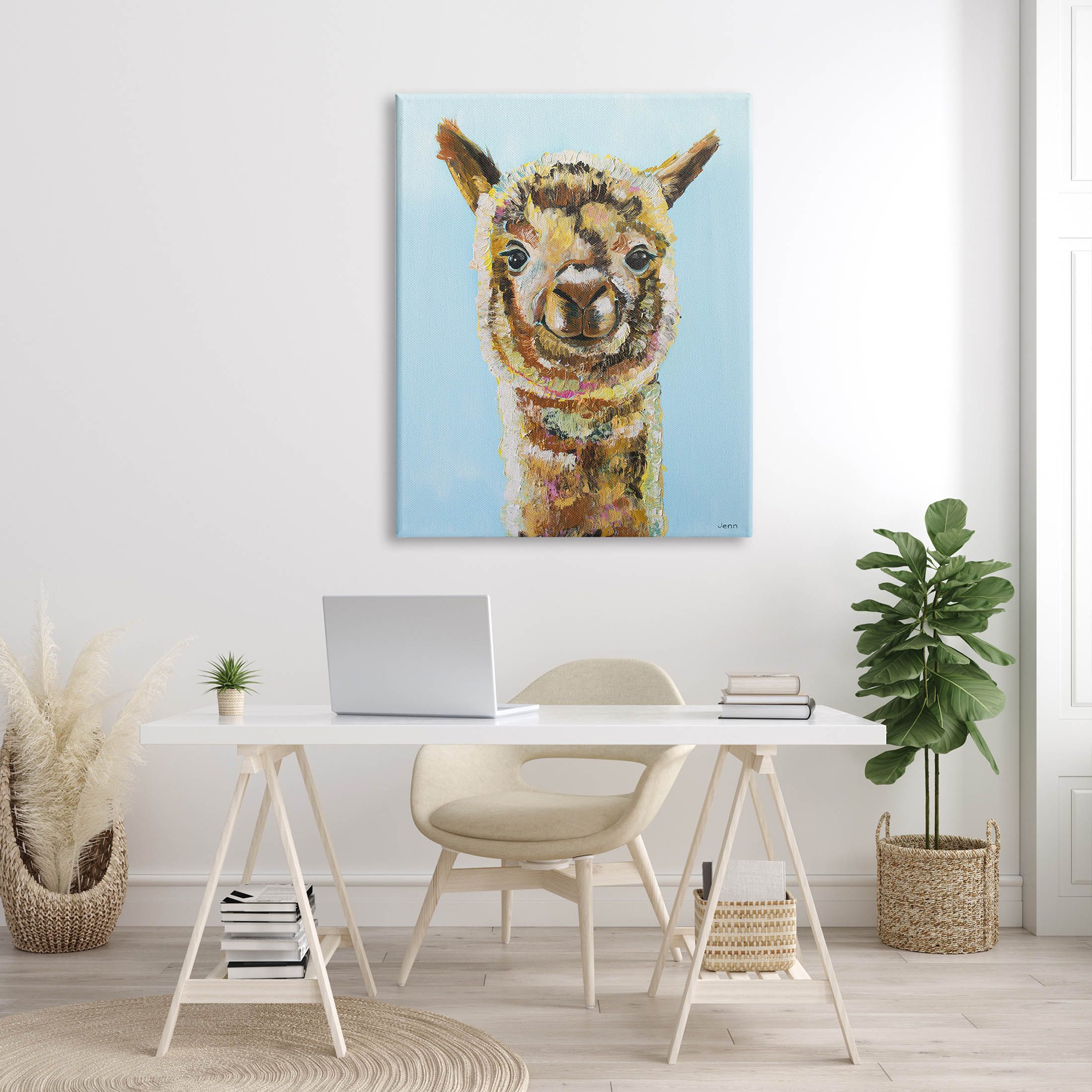 Happy Llama Farm Animal Face Animals & Insects Painting Gallery Wrapped Canvas Print Wall Art