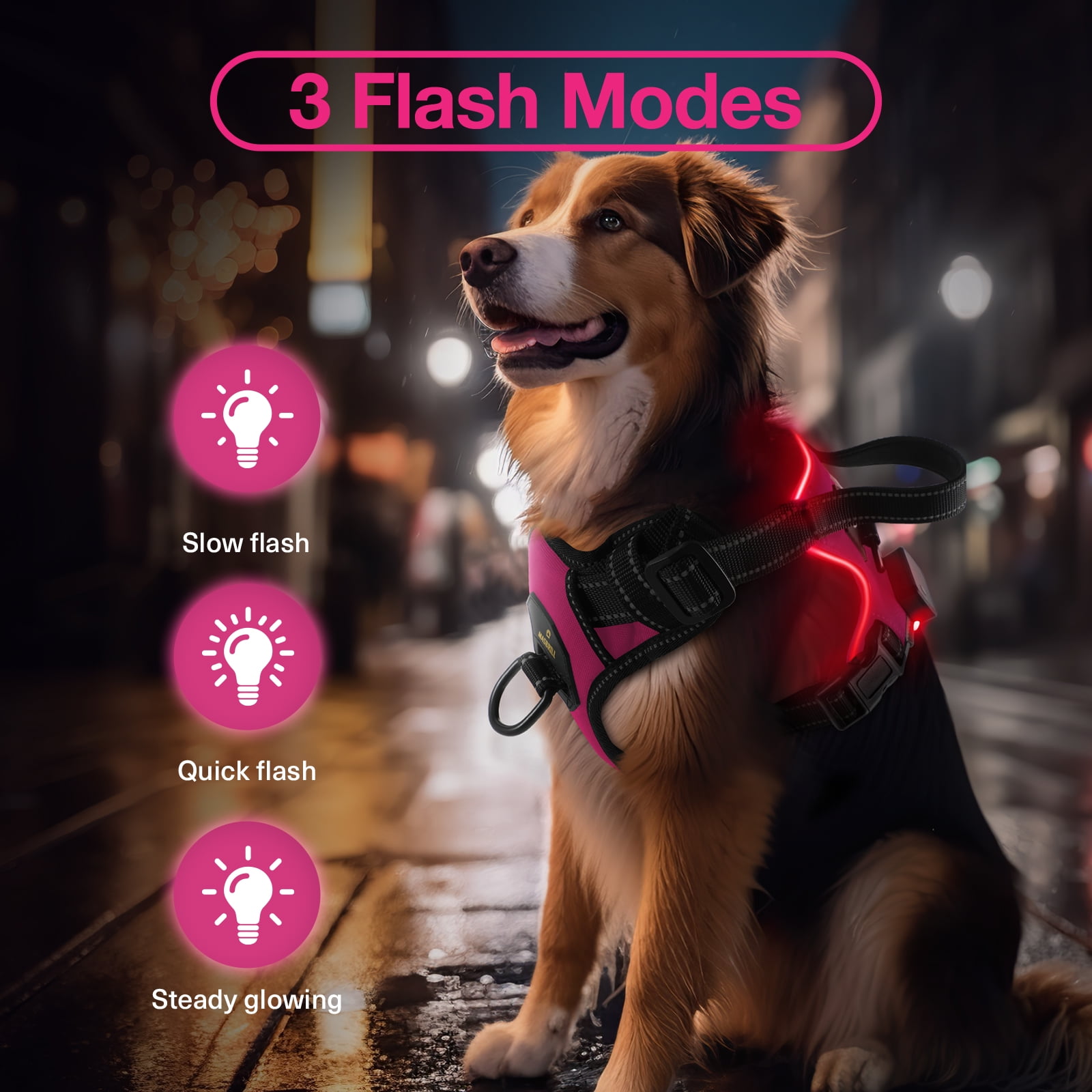 MASBRILL Light Up Dog Harness - No Pull Led Dog Harness Rechargeable Lighted Dog Harness for Night Walking Adjustable Glow Vest for Small Medium Large Dogs