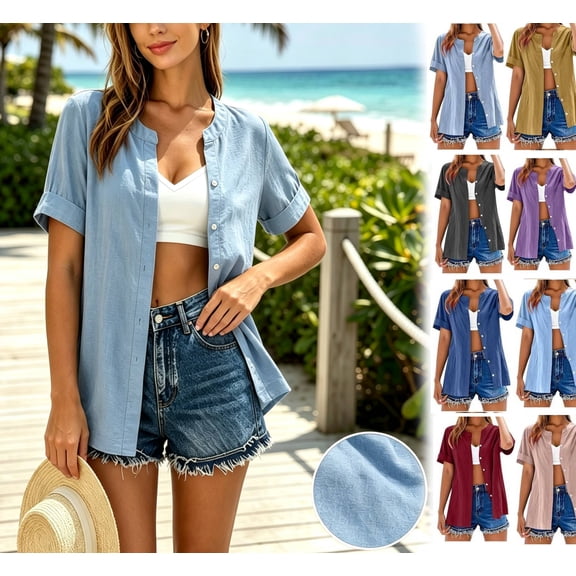 Women's Casual Short Sleeve Button Down Cardigan Shirt Blouse Loose Fit Lightweight Summer Fashion Gift | CSEONE,Dark Blue XL