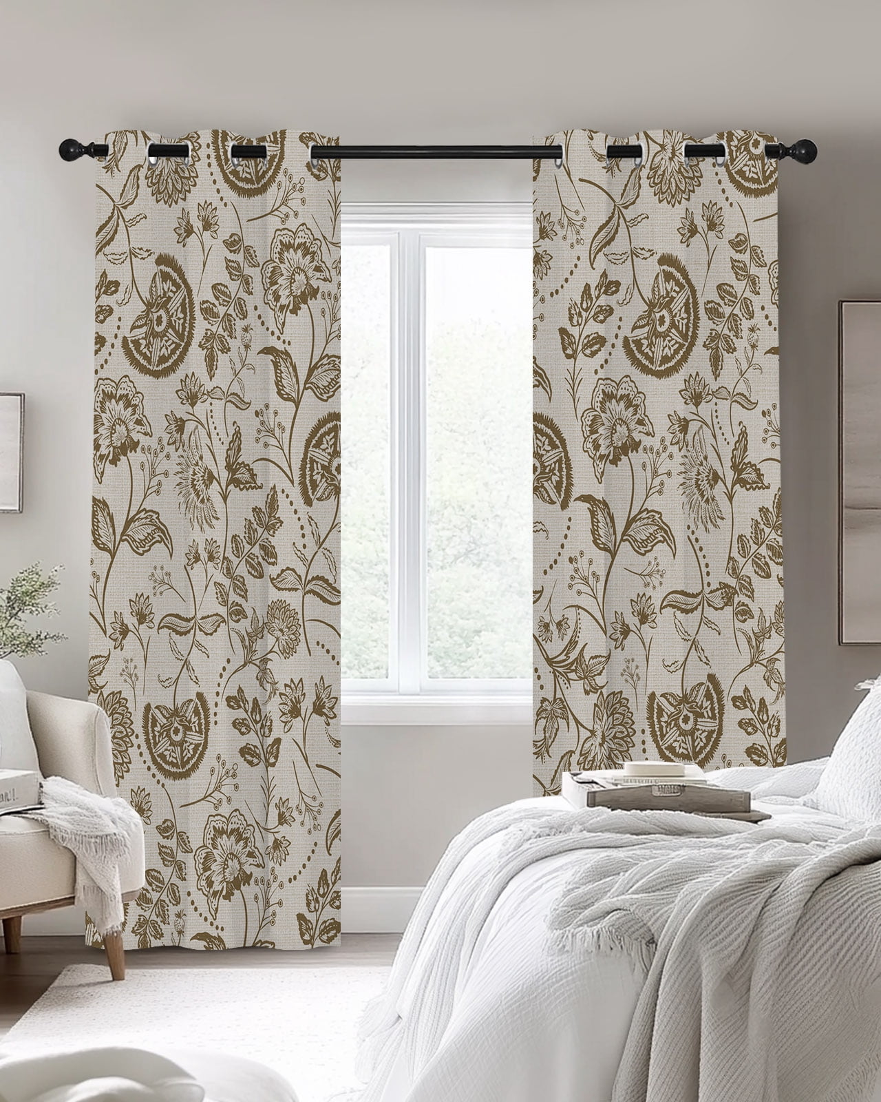 Farmhouse Brown Floral Blackout Curtains for Bedroom Living Room, Linen Boho Flower Rustic Country 72 In Long Thermal Insulated Room Darkening Drapes Grommet Window Treatments, 52 x 72 In