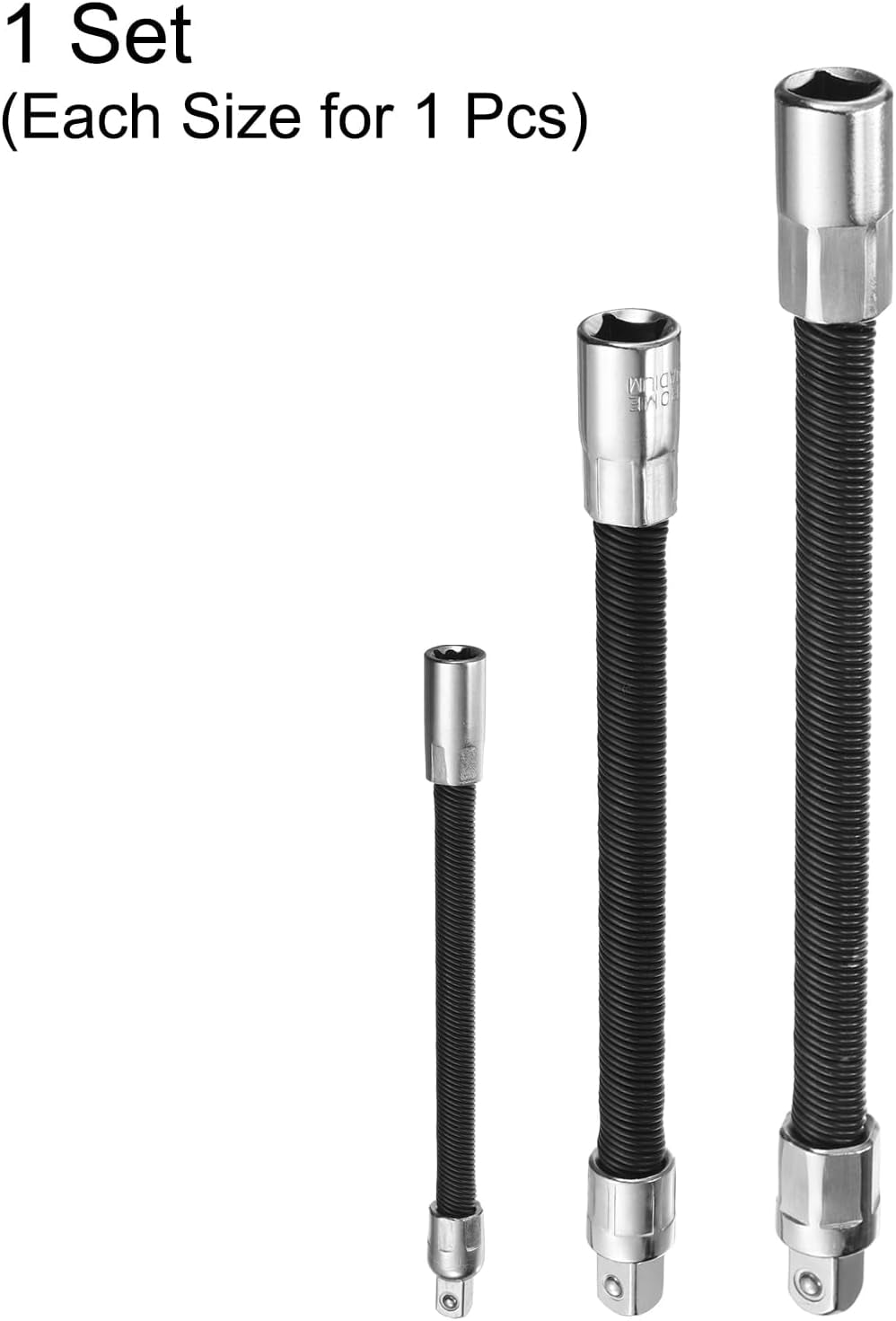 Flexible Shaft Extension & Socket Extension Bar Set, Spring Steel, Chrome Plated, Universal Joint, for Tight Spaces, 3-Piece (1/4", 3/8", 1/2")