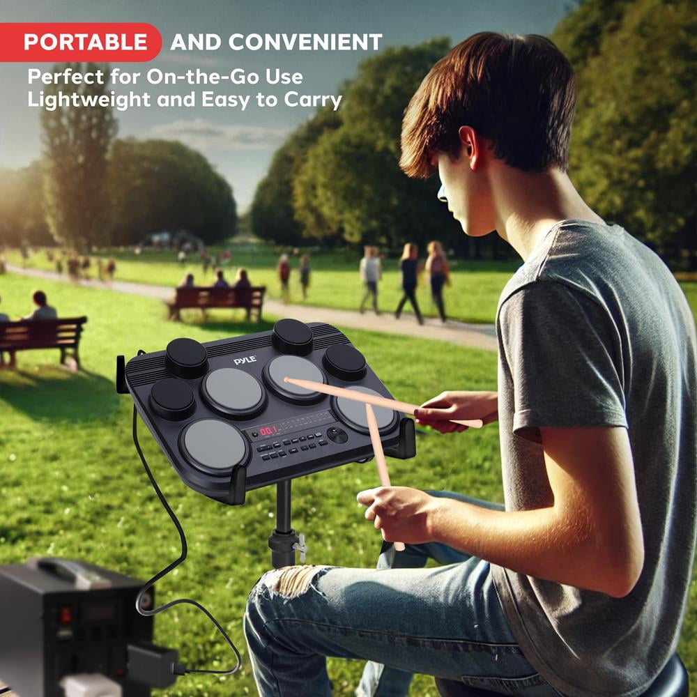Pyle Electronic Tabletop Drum Pad Set – Portable Drum Kit with 8 Touch-Sensitive Pads, Pedals, 600 Sounds, 80 Preset Kits, USB & Headphone Outputs, MIDI/AUX Inputs (Black)
