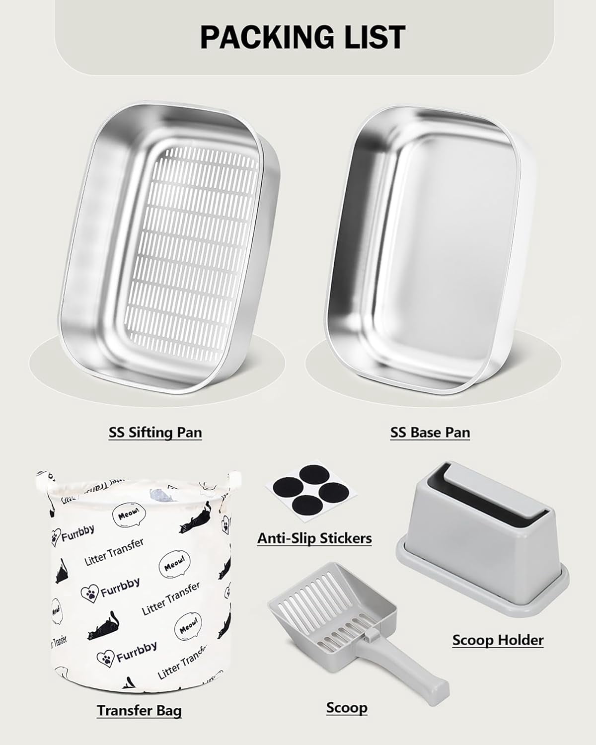 Furrbby Extra Large Open Top Stainless Steel Cat Litter Box, Odor Control Metal Pet Tray, Silver